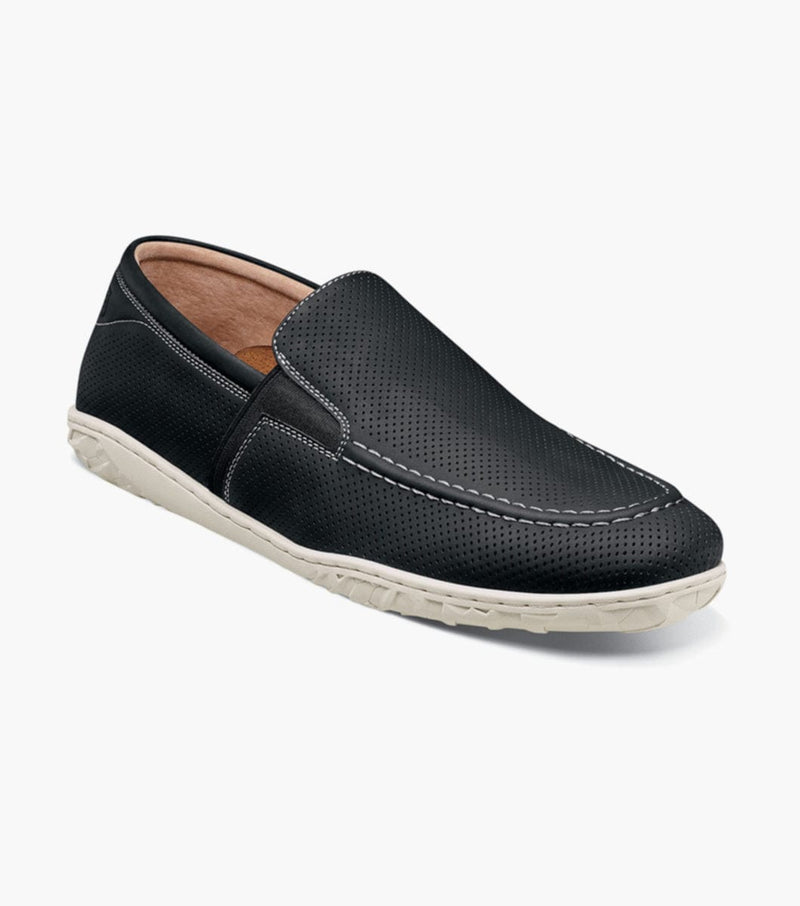 Stacy Adams Ilan loafers in black with perforated leather upper, contrast stitching, and beige rubber sole, angled side view.