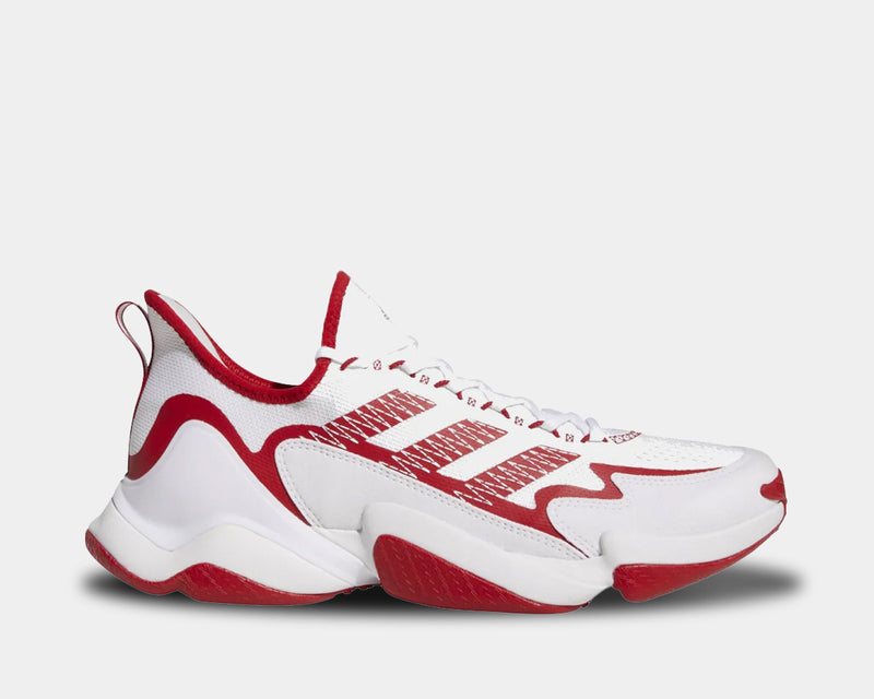 Adidas Impact FLX sneakers in white and red with mesh upper, bold red accents, and chunky outsole, side view.