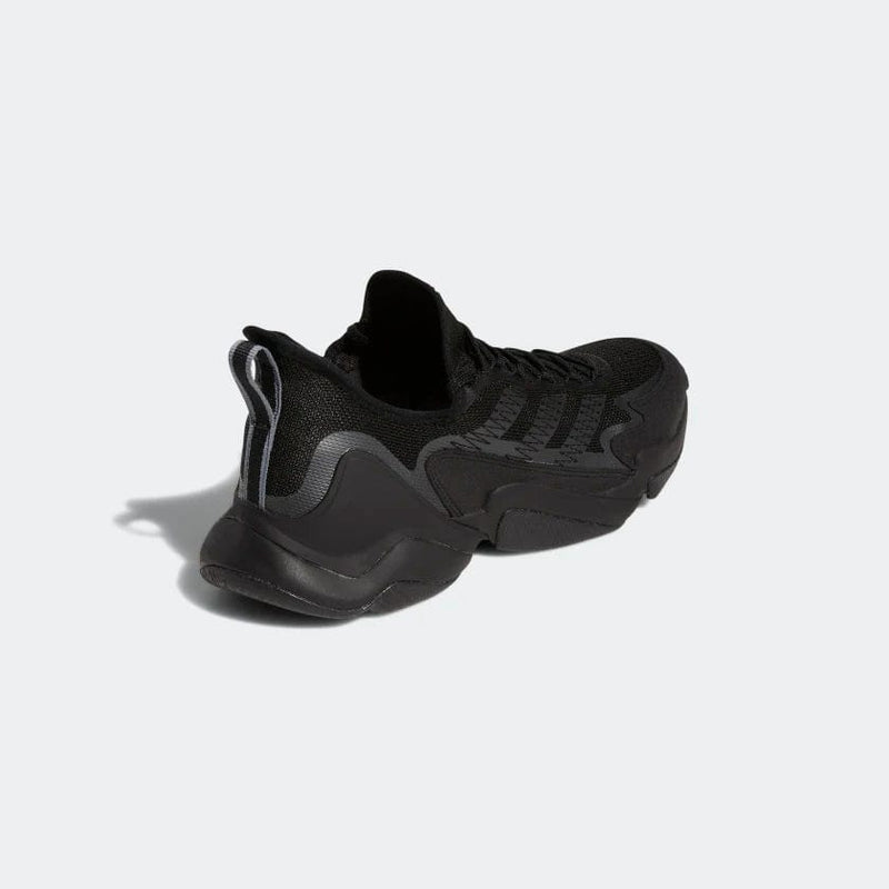 Adidas Impact FLX athletic shoes in black with textured mesh upper and sturdy heel support, rear angled view.