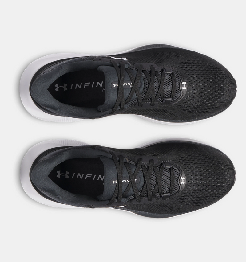 Under Armour Infinite Pro 2 running shoes, top view showing black mesh upper, lace system, and branded insole.