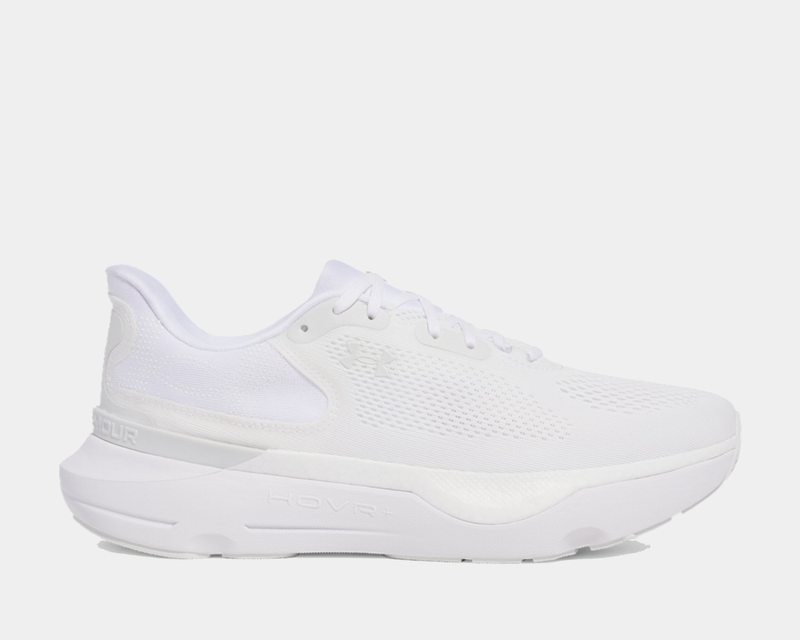 Under Armour Infinite Pro 2 running shoes in all-white with a breathable mesh upper and HOVR midsole cushioning, side view.