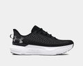 Under Armour Infinite Pro running shoes in black with white midsole, engineered mesh upper, and lightweight design, side view.
