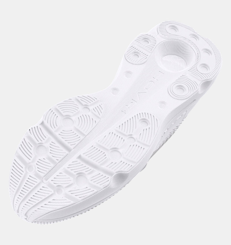 Under Armour Infinite Pro shoes outsole in white featuring textured patterns and grip-enhancing design, bottom view.
