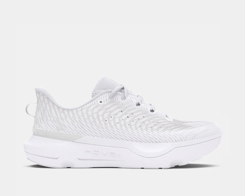 Under Armour Infinite Pro running shoes in white with mesh upper and HOVR foam cushioning, side view.