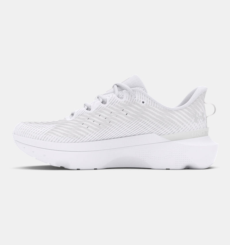 Under Armour Infinite Pro running shoes in white with a lightweight mesh upper and subtle graphic design, side view.