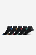 Five black Ingles ankle socks with colorful toe and heel accents lined up