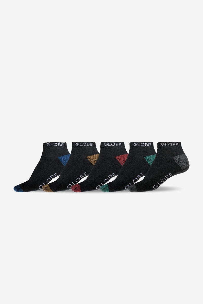 Five black Ingles ankle socks with colorful toe and heel accents lined up