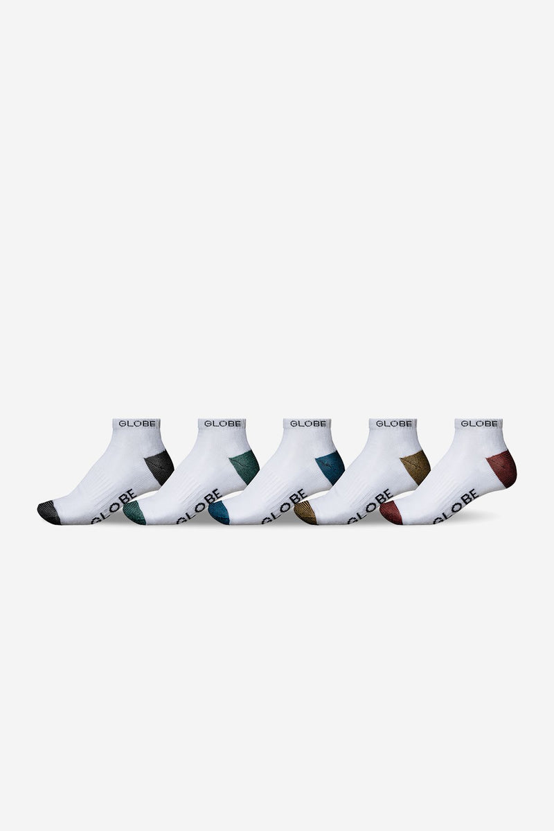Five white Ingles ankle socks with colored heel and toe accents arranged in a row
