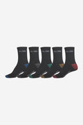 Five black Globe crew socks with multicolor toes arranged in a row