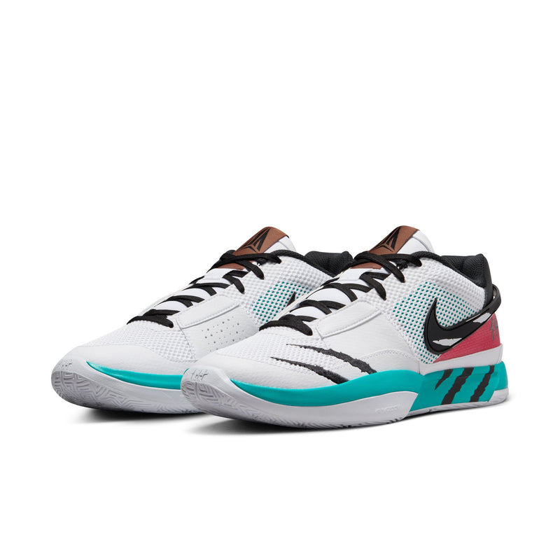 Nike Ja 1 "Scratch" basketball shoes in white with turquoise accents, black swoosh, and pink heel panel, angled front view