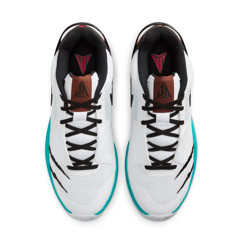 Nike Ja 1 "Scratch" basketball shoes in white with teal accents, black laces, mesh upper, and red tongue logo, top view.