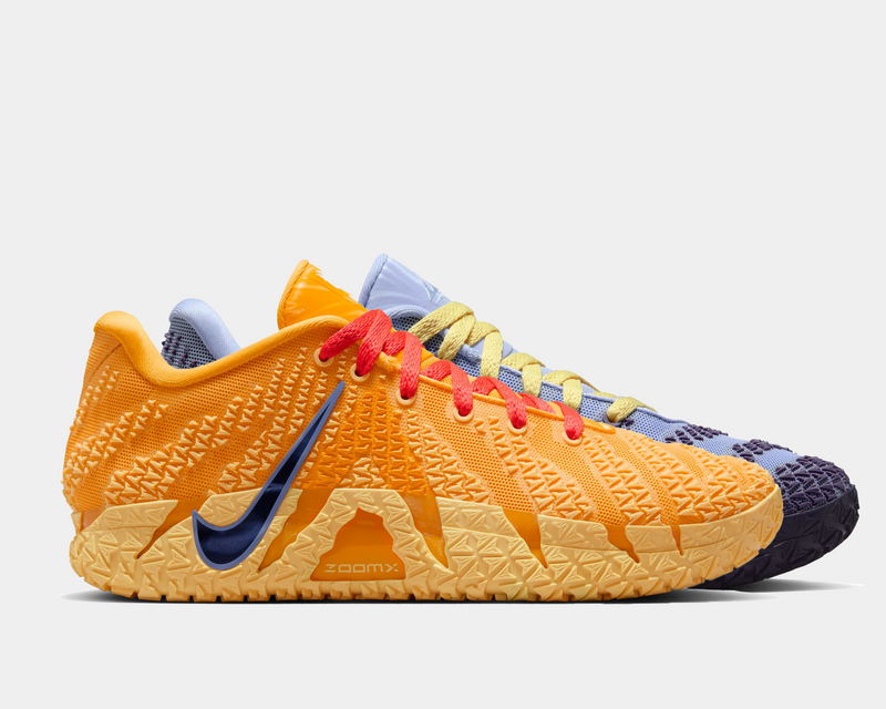 Nike Ja 3 "Channel 12" basketball shoes featuring mismatched orange and purple mesh uppers, ZoomX cushioning, and textured outsole, side view.