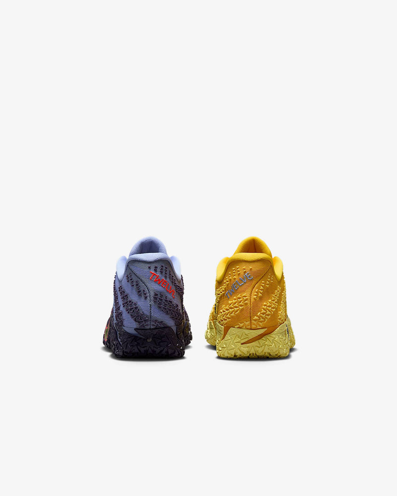 Nike Ja 3 "Channel 12" basketball shoes back view showing contrasting purple and yellow colorways with textured midsoles.