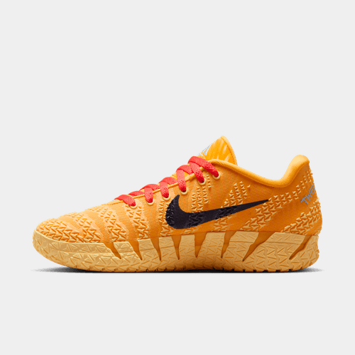 Nike Ja 3 "Channel 12" basketball shoes in vibrant orange with red laces, black swoosh, and textured sole, side view.