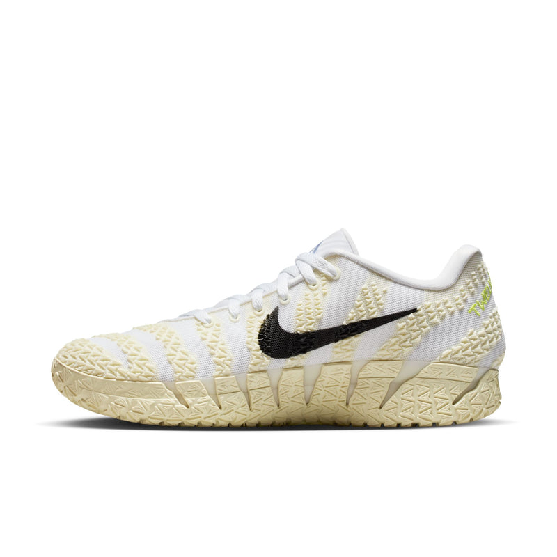 Nike Ja 3 "Sail" basketball shoes with white mesh upper, textured beige sole, and black Nike Swoosh, side view.