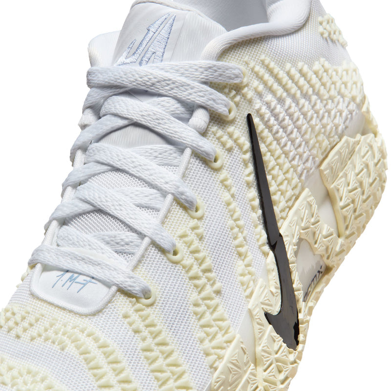 Nike Ja 3 "Sail" basketball shoes in white mesh with sail-colored textured overlays, black swoosh, and lace-up closure, side view.