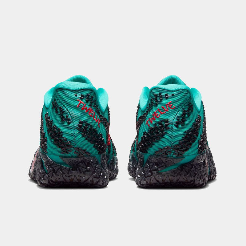 Nike Ja 3 "Scratch 3.0" basketball shoes in teal with black scratch graphics and red text "Twelve," back view showing textured sole and heel design.