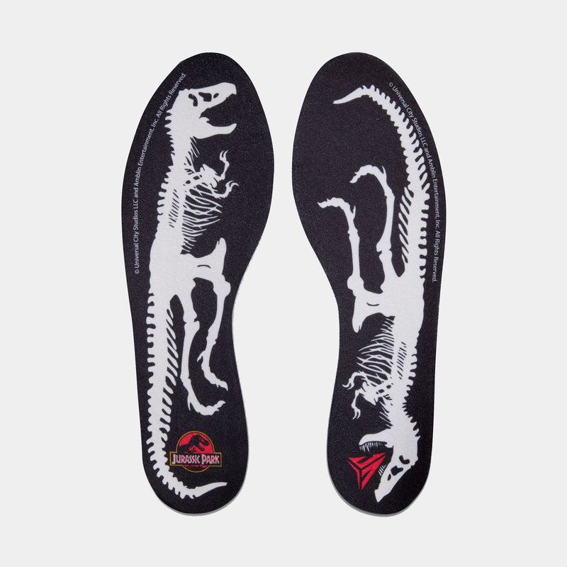 Nike Ja 3 x Jurassic Park "Raptor" insoles featuring black base with white dinosaur skeleton graphics and Jurassic Park logo, top view.