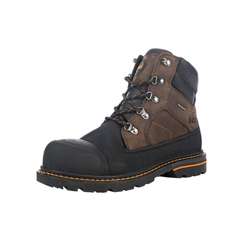 Hoss K-Tough 6″ Boot work boots in brown and black with leather upper, reinforced toe, and rugged sole, side-angle view.