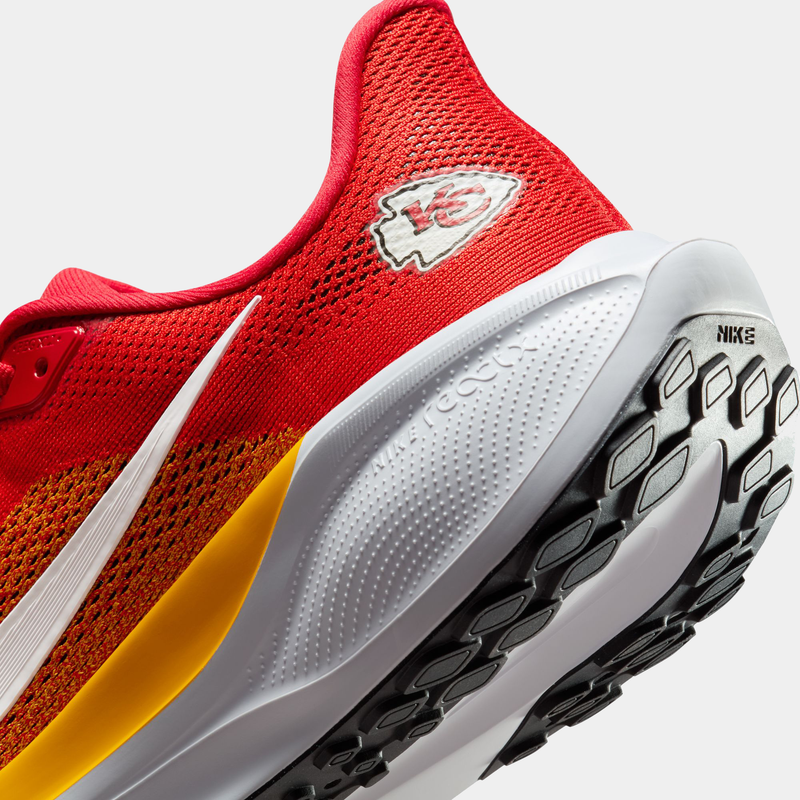 Nike Kansas City Chiefs Pegasus 41 running shoes, red mesh upper with white Chiefs logo, yellow accents, and React foam sole, back angle.