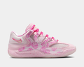 Nike KD 18 "Aunt Pearl" basketball shoes in pastel pink with floral graphics, mesh upper, pink laces, and speckled midsole, side view.