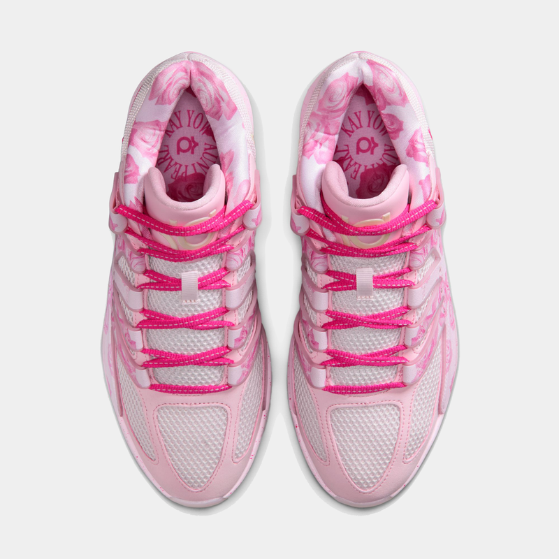 Nike KD 18 "Aunt Pearl" basketball shoes in pink with floral patterns, mesh upper, and pink laces, top view.