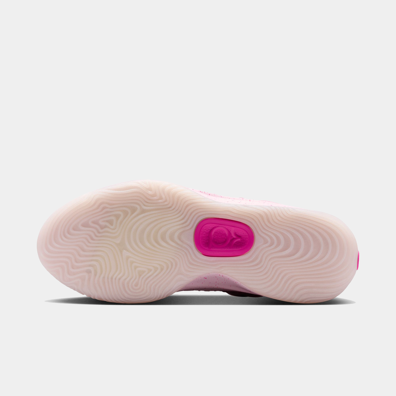 Nike KD 18 "Aunt Pearl" basketball shoes outsole showing pink rubber with wavy traction patterns, bottom view.