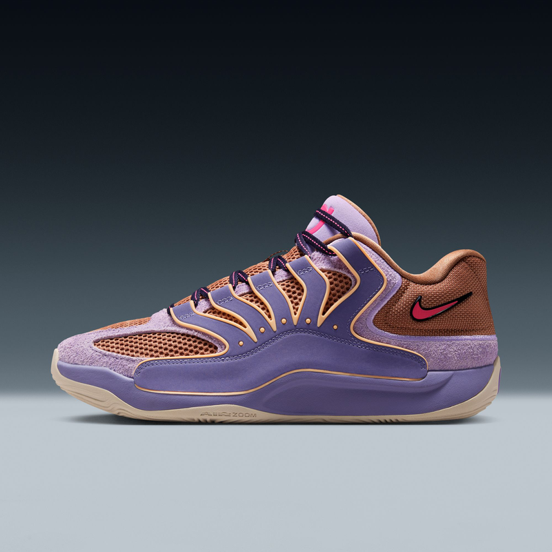 Nike KD 18 basketball shoes in purple, orange, and brown with mesh upper, textured overlays, and Air Zoom cushioning, side view.