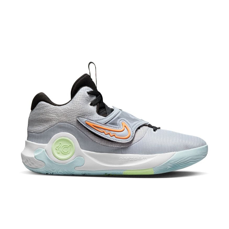 Nike KD Trey 5 X basketball shoes in light gray with orange and neon green accents, black collar, and cushioned midsole, side view.