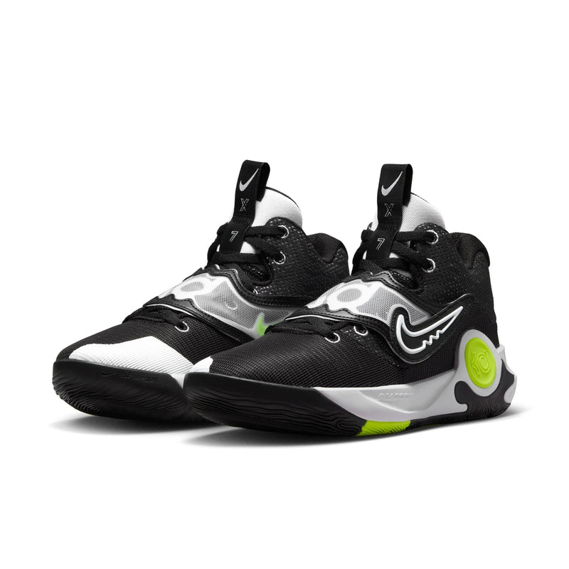 Nike KD Trey 5 X basketball shoes in black, white, and neon green with mesh upper, Nike swoosh logo, and lightweight cushioning, front angle view.