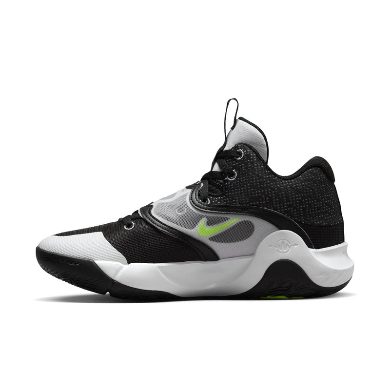 Nike KD Trey 5 X basketball shoes in black, white, and neon green with mesh upper, midsole cushioning, and side view.