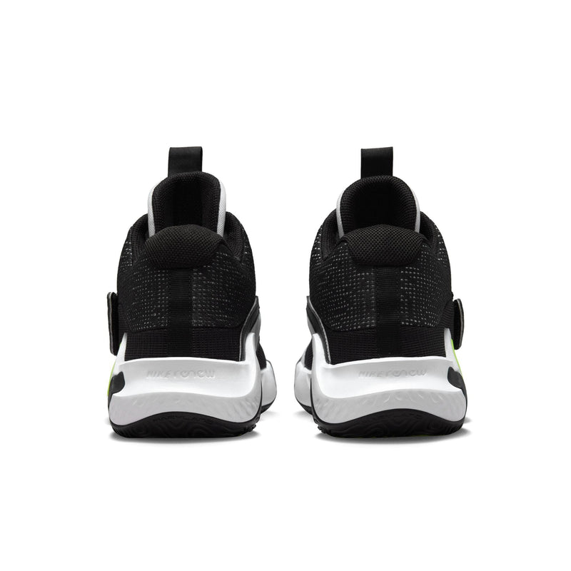 Nike KD Trey 5 X basketball shoes back view showing black mesh upper, white midsole, and green heel accents.