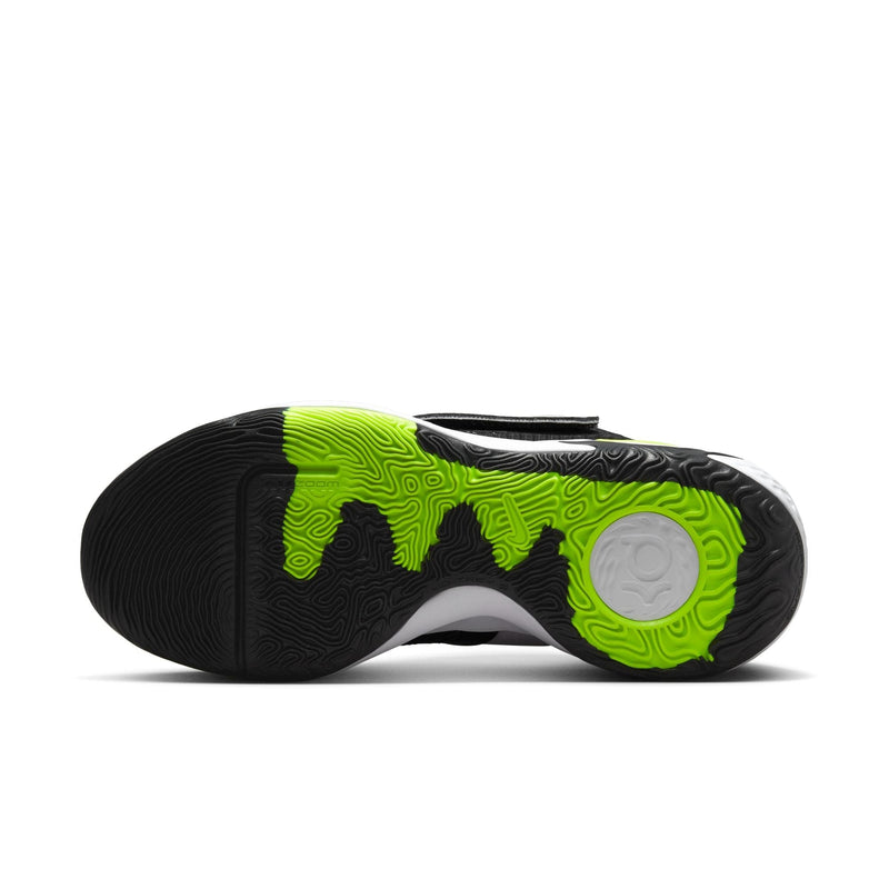 Nike KD Trey 5 X basketball shoes sole view featuring black, neon green, and white rubber outsole with textured patterns for traction.
