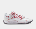 Nike KD18 "Wayne" basketball shoes in white with red accents, mesh upper, and speckled midsole, side view.