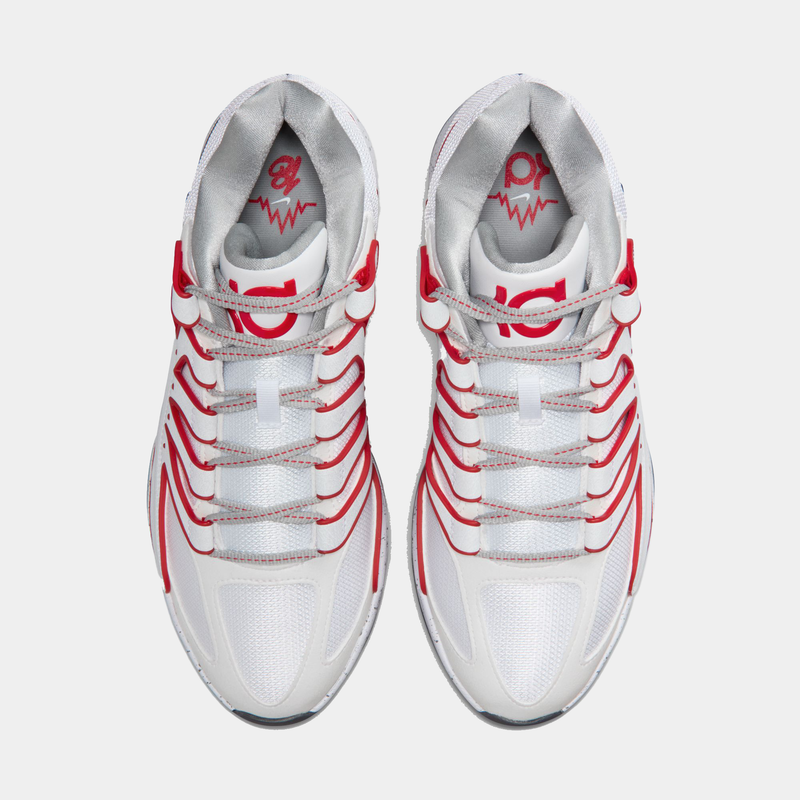 Nike KD18 "Wayne" basketball shoes, white mesh upper with red accents and dynamic lace system, top view.