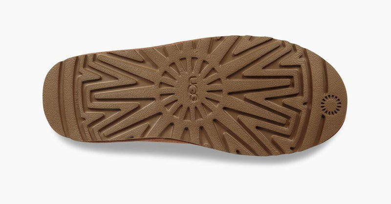 UGG Kenton shoe outsole in brown rubber featuring textured grip pattern and embossed logo, bottom view.