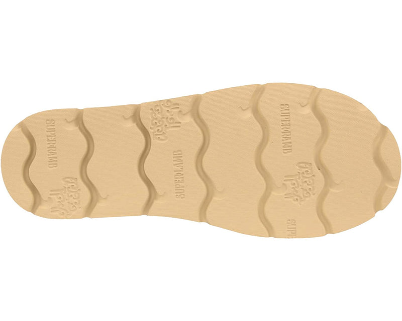 SuperLamb Khulan shoe outsole in beige with wavy tread pattern and embossed branding details, bottom view.