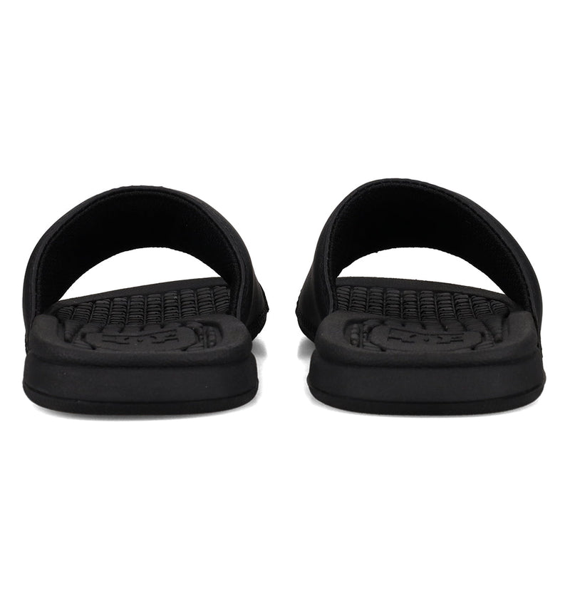 A front view of DC Shoes Kids' Bolsa Slides, black with open toes and textured footbeds, shown side by side on a white background.