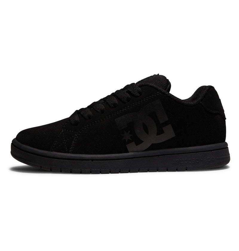 Black sneaker with a logo on a white background