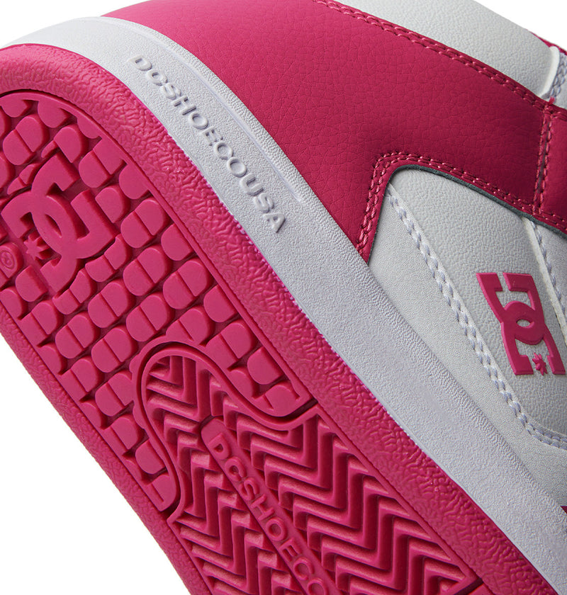 Close-up of the Kids' Manteca 4 HI Shoes by DC Shoes, showing the pink and white heel with logo details on side and sole, textured tread, and DCSHOECOUSA embossing—ideal for young high-top sneaker fans.