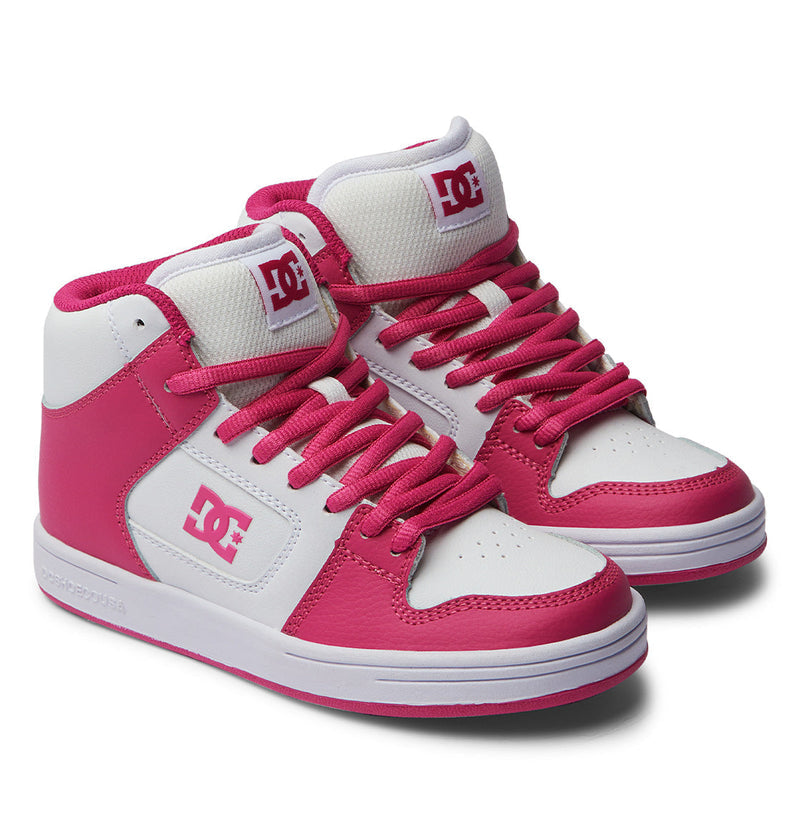 The Kids' Manteca 4 HI Shoes by DC Shoes feature white uppers with vivid pink overlays, laces, and soles. The classic DC logo appears on the sides and tongues, merging iconic skate style with eye-catching color.
