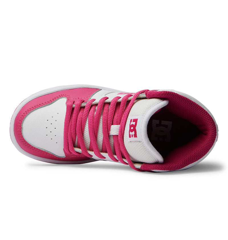 Top view of the Kids' Manteca 4 HI Shoes by DC Shoes in white and pink, featuring pink laces, a padded collar, perforated toe box for ventilation, and a pink tongue with the DC Shoes logo in white.