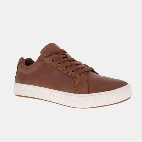 Propét Koda casual shoes in brown leather with lace-up design and white rubber sole, side view