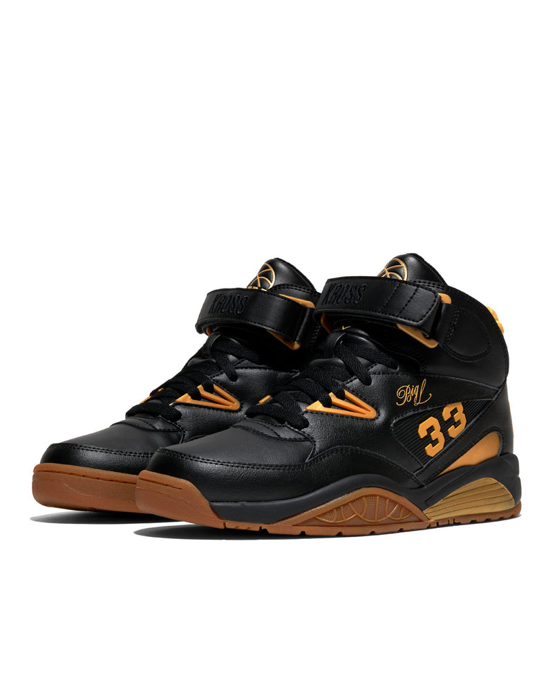 Ewing Athletics KROSS X "BIG L" sneakers, black leather upper with gold accents, "33" branding, and mid-top design, front side angle.