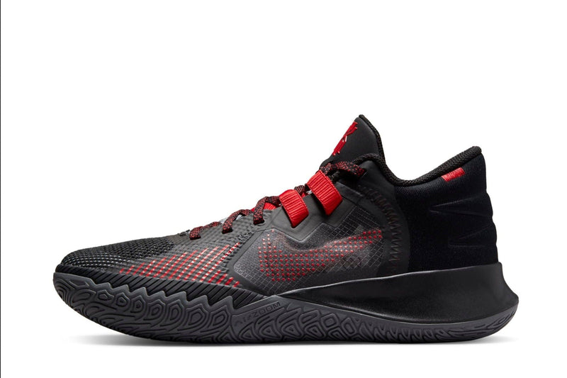 Nike Kyrie Flytrap V basketball shoes in black with red accents, mesh upper, and textured rubber outsole, side view