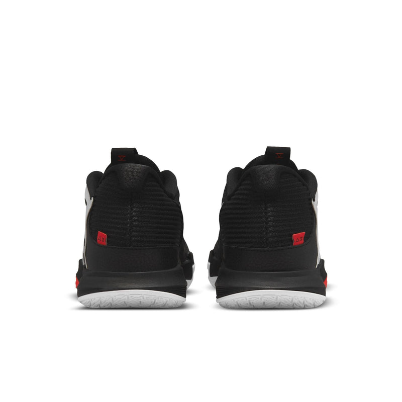 Nike Kyrie Low 5 basketball shoes in black with red accents and white outsole, back view showcasing heel design.