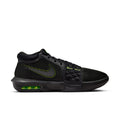 Nike LeBron Witness 8 basketball shoes in black with green accents, mesh upper, and lightweight cushioning, side view.