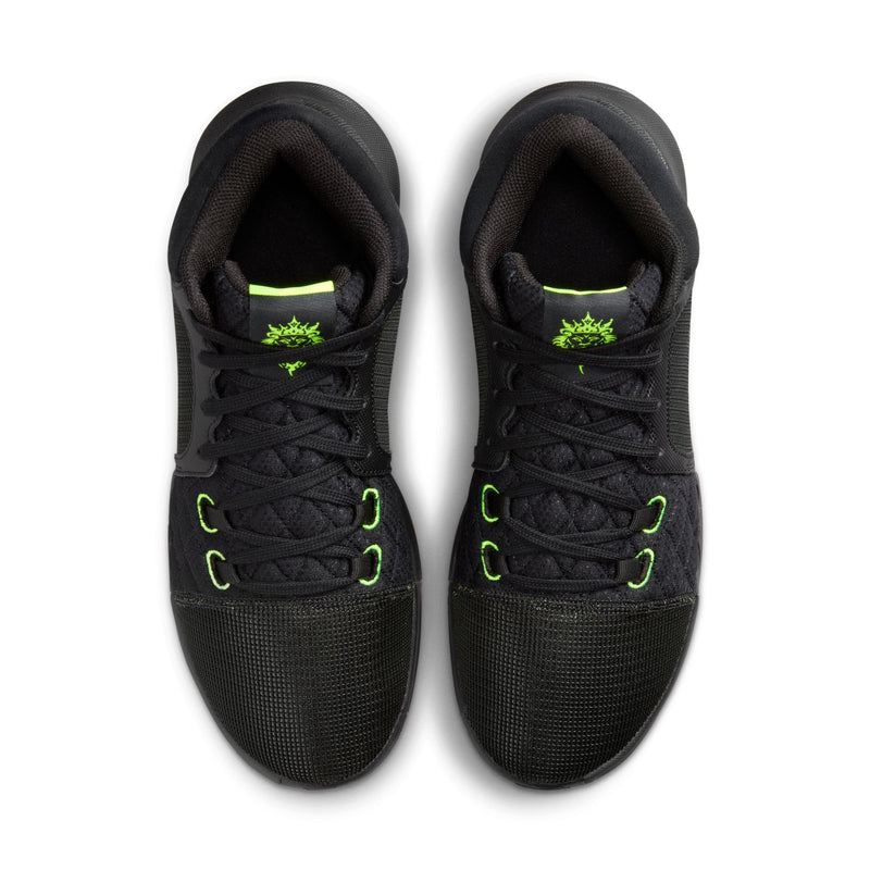 Nike LeBron Witness 8 basketball shoes with black mesh upper, bright green eyelets, and logo accents, top view.