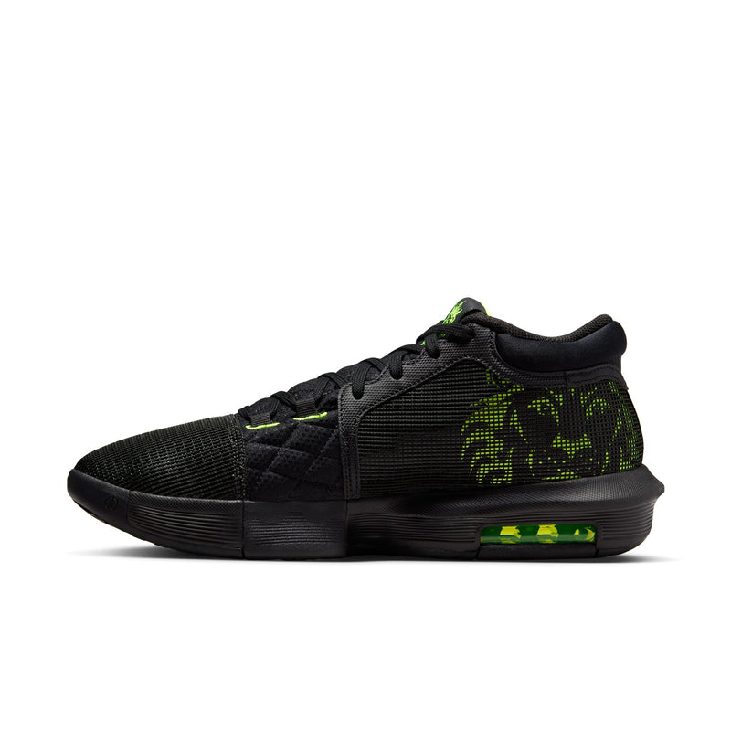 Nike LeBron Witness 8 basketball shoes in black with neon green accents, side view showing lightweight mesh upper and Air Zoom cushioning.