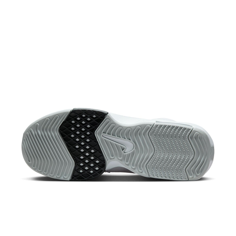 Nike LeBron Witness 8 basketball shoe outsole in white and black, featuring multidirectional traction pattern and Nike logo